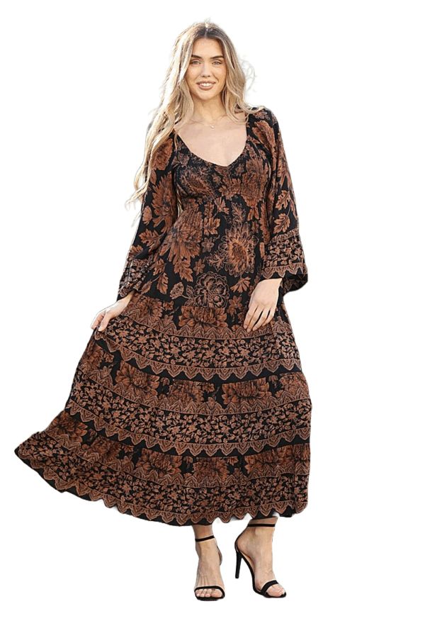 Angie Black and Rust Floral V-Neck Bell Sleeve Tiered Maxi Dress
