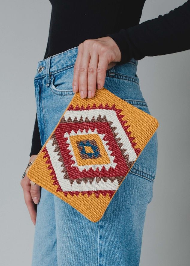Mustard, Rust, and Cream Aztec Beaded Wristlet - Panache Apparel