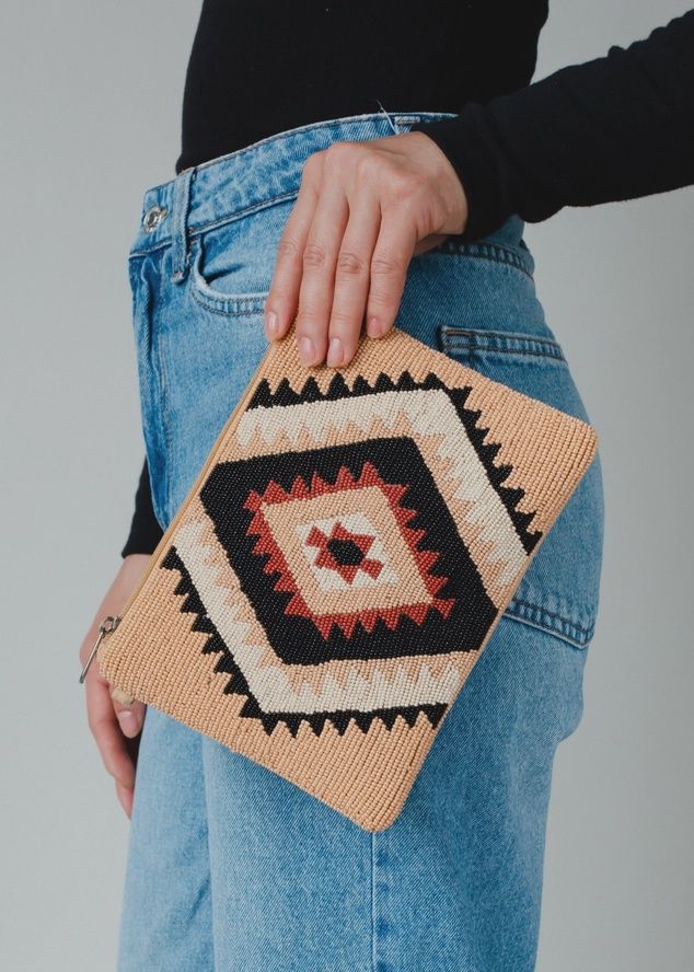 Tan, Black &amp; Rust Beaded Aztec Wristlet - Panache Apparel
