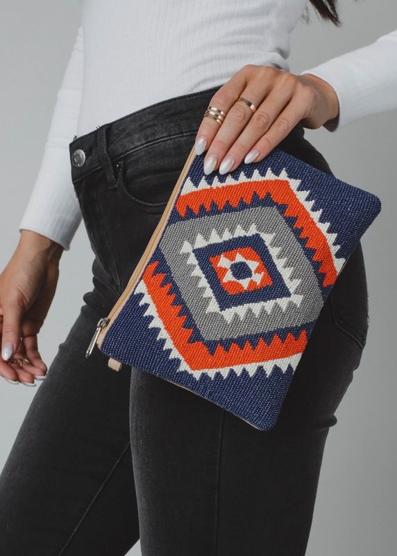 Blue, Orange, &amp; Cream Beaded Aztec Wristlet - Panache Apparel