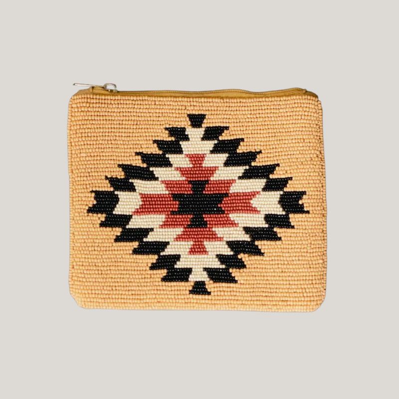 Tan, Black &amp; Rust Beaded Aztec Coin Purse