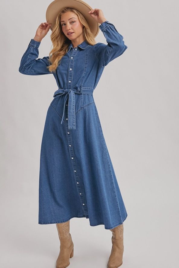 Denim Button Down Belted Shirt A-Line Maxi Dress
