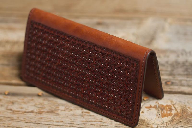Chocolate Checkbook Cover Spider Tooling - Texas Saddlery