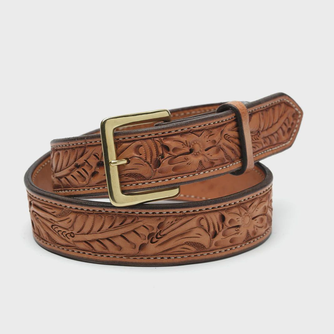 SADDLE TAN FLORAL BELT