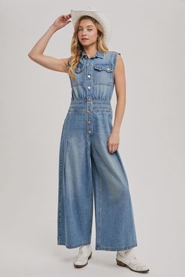 Denim Sleeveless Shirt Jumpsuit
