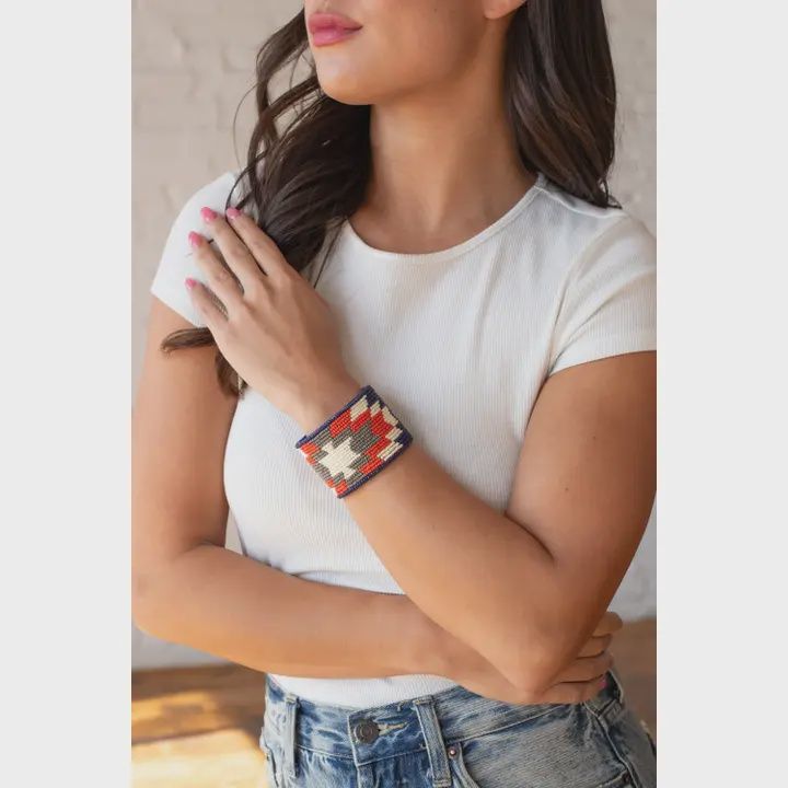 Blue, Orange &amp; Cream Beaded Cuff