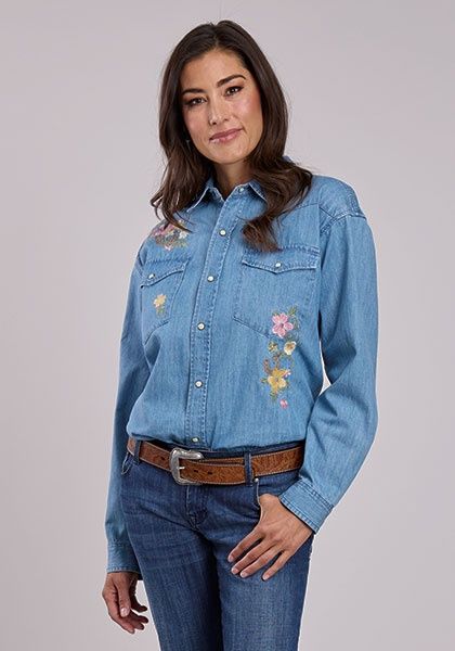 Emb on Back Denim Oversized Blouse w/Floral Emb - Women&#39;s - Stetson