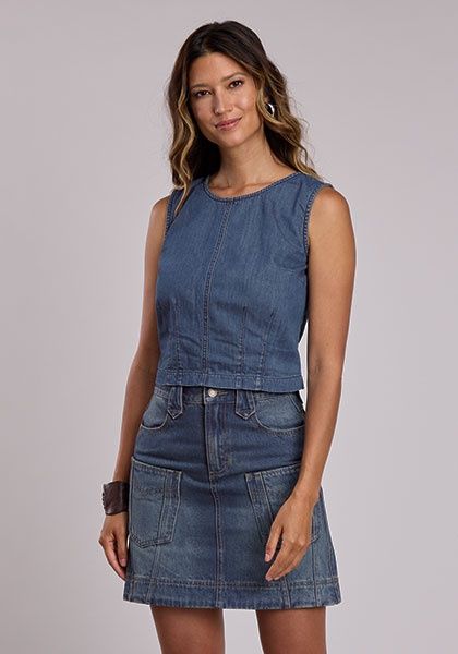 Crop Length Full Zipper Back Denim Structured Sleeveless Blouse W/Dart - Women&#39;s - Stetson