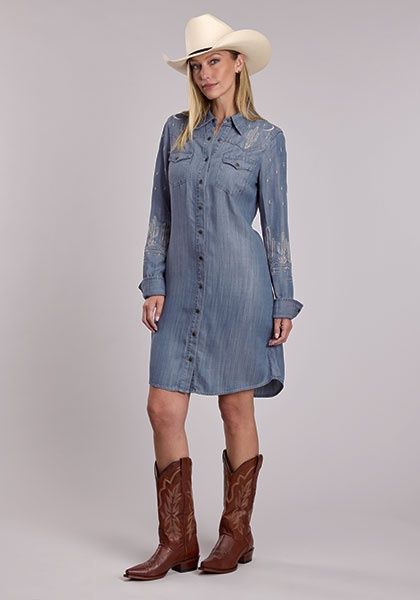 Snap Front Denim Shirt Dress W/Lavish Embroidery - Women&#39;s - Stetson