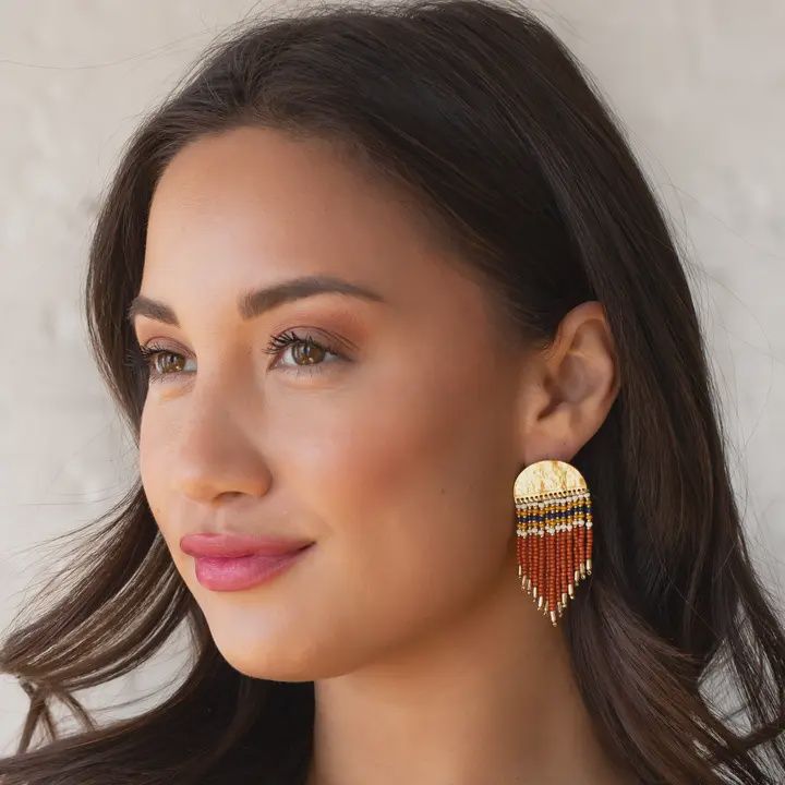 Gold &amp; Rust Beaded Fringe Earrings