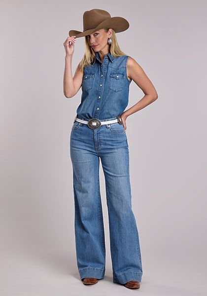 Embroidered Cowgirl Sleeveless Denim Snap Shirt