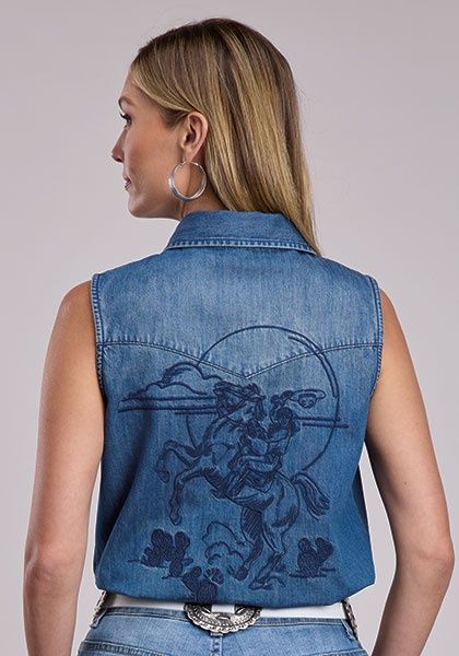 Embroidered Cowgirl Sleeveless Denim Snap Shirt