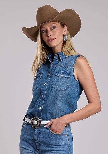 Embroidered Cowgirl Sleeveless Denim Snap Shirt