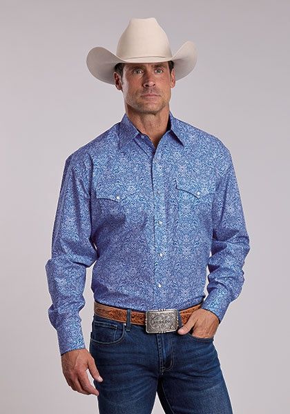 Blue Scroll Print/L/S Shirt/Stetson Snap 2 Pocket Print - Men&#39;s - Stetson