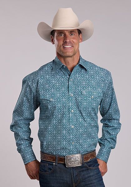 Teal Filigree Print/L/S Shirt/Stetson Snap 2 Pocket Print - Men&#39;s - Stetson