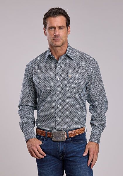 Navy Geo Men's Long Sleeve Shirt - Stetson
