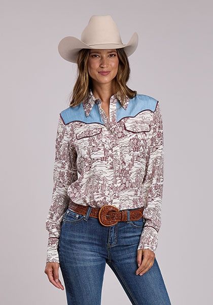 Desert Toile Print Wstrn Shirt Denim Yoke &amp; Pkts/L/S Shirt/Stetson Prints - Women&#39;s - Stetson