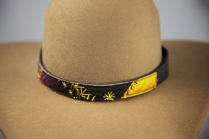Antique Crazy Quilt Fabric and Leather Hatband - Black &amp; Gold
