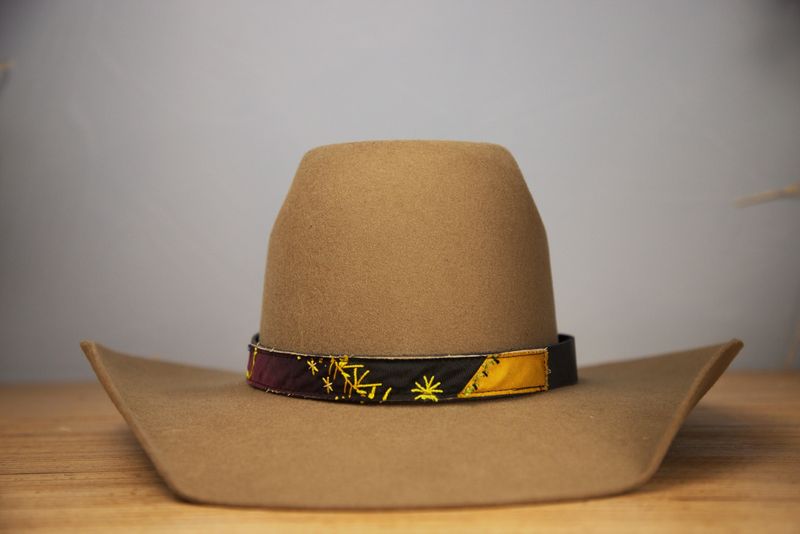 Antique Crazy Quilt Fabric and Leather Hatband - Black &amp; Gold