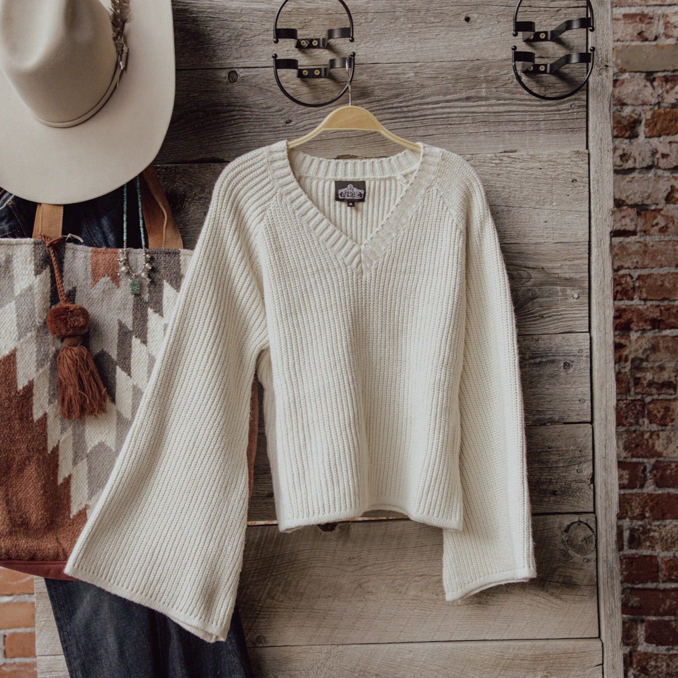 V Neck Bell Sleeve Sweater - Ivory - Women's - Angie