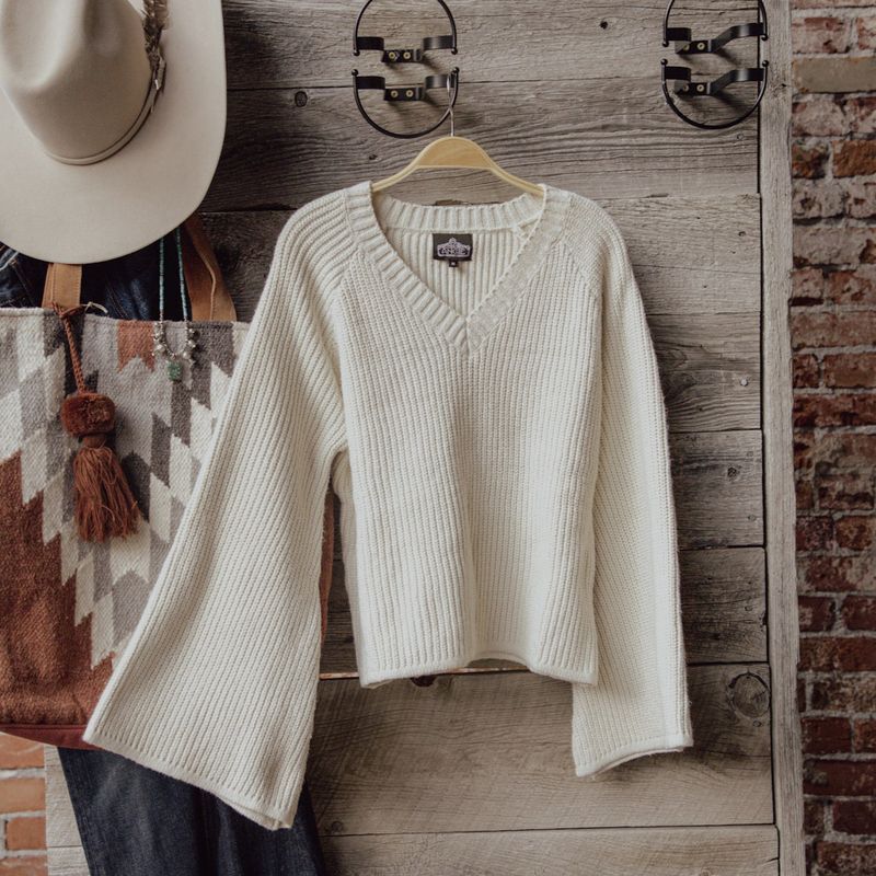 V Neck Bell Sleeve Sweater - Ivory - Women's - Angie