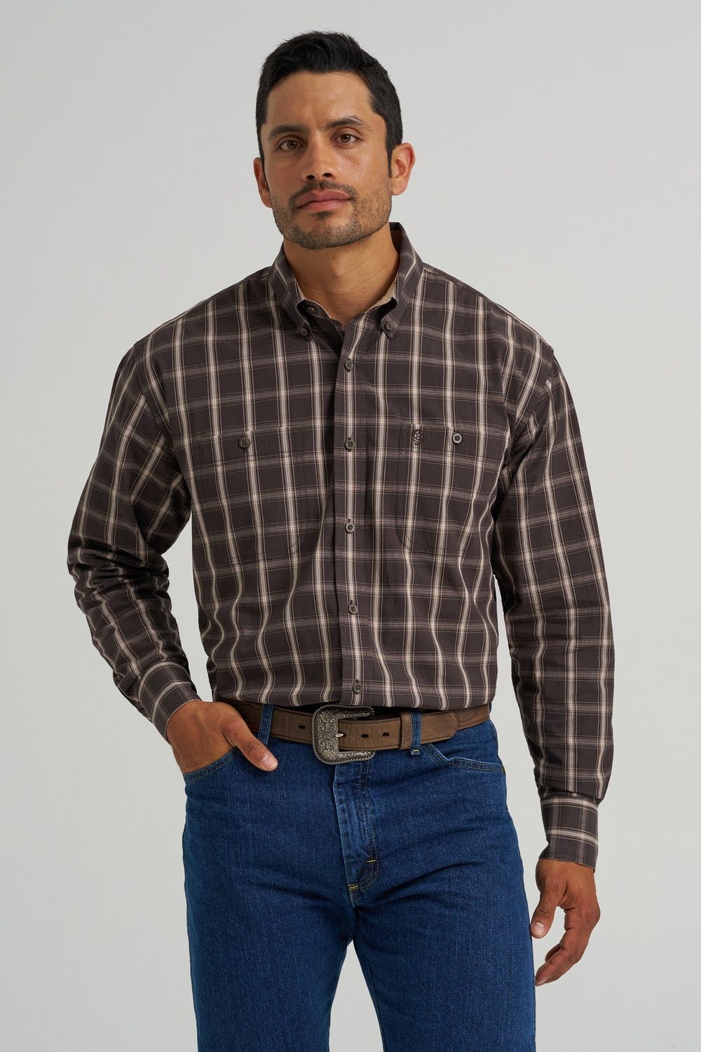Brown Plaid Long Sleeve Shirt - Wrangler Men's