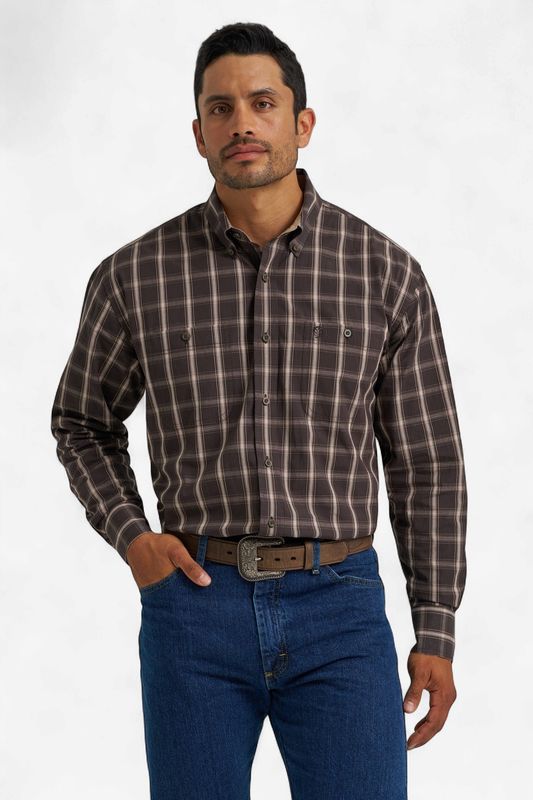 Brown Plaid Long Sleeve Shirt - Wrangler Men's