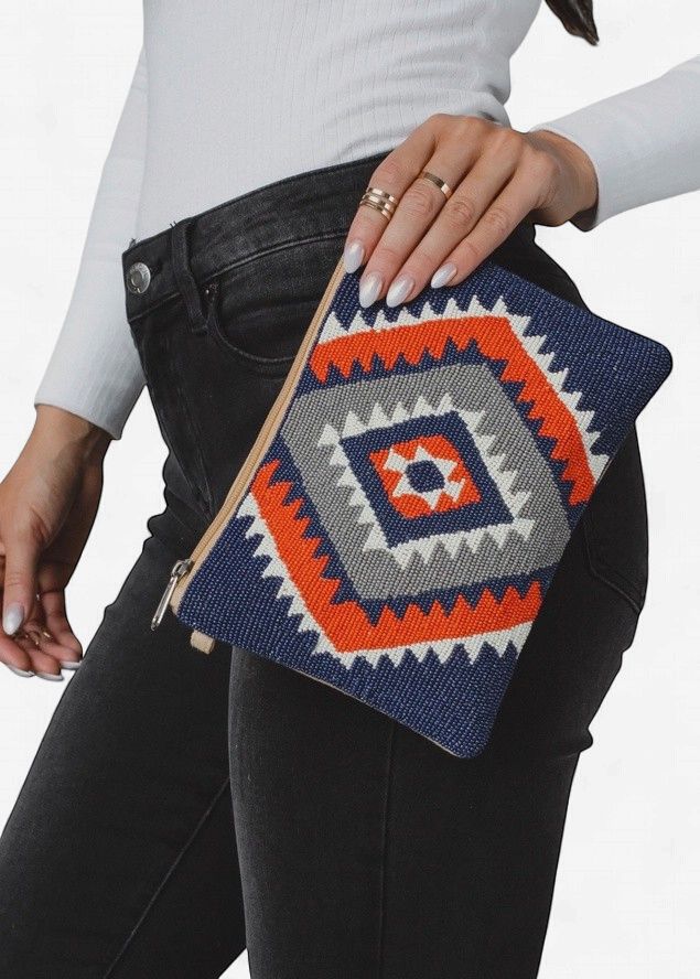 Blue, Orange, &amp; Cream Beaded Aztec Wristlet - Panache Apparel