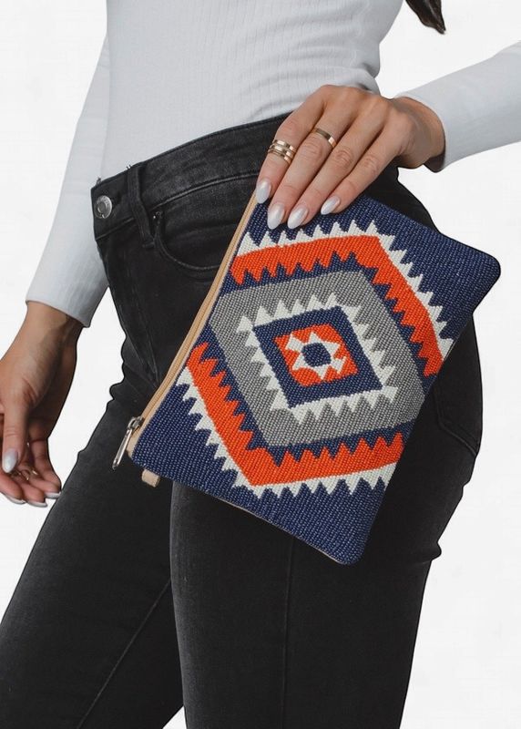 Blue, Orange, &amp; Cream Beaded Aztec Wristlet - Panache Apparel