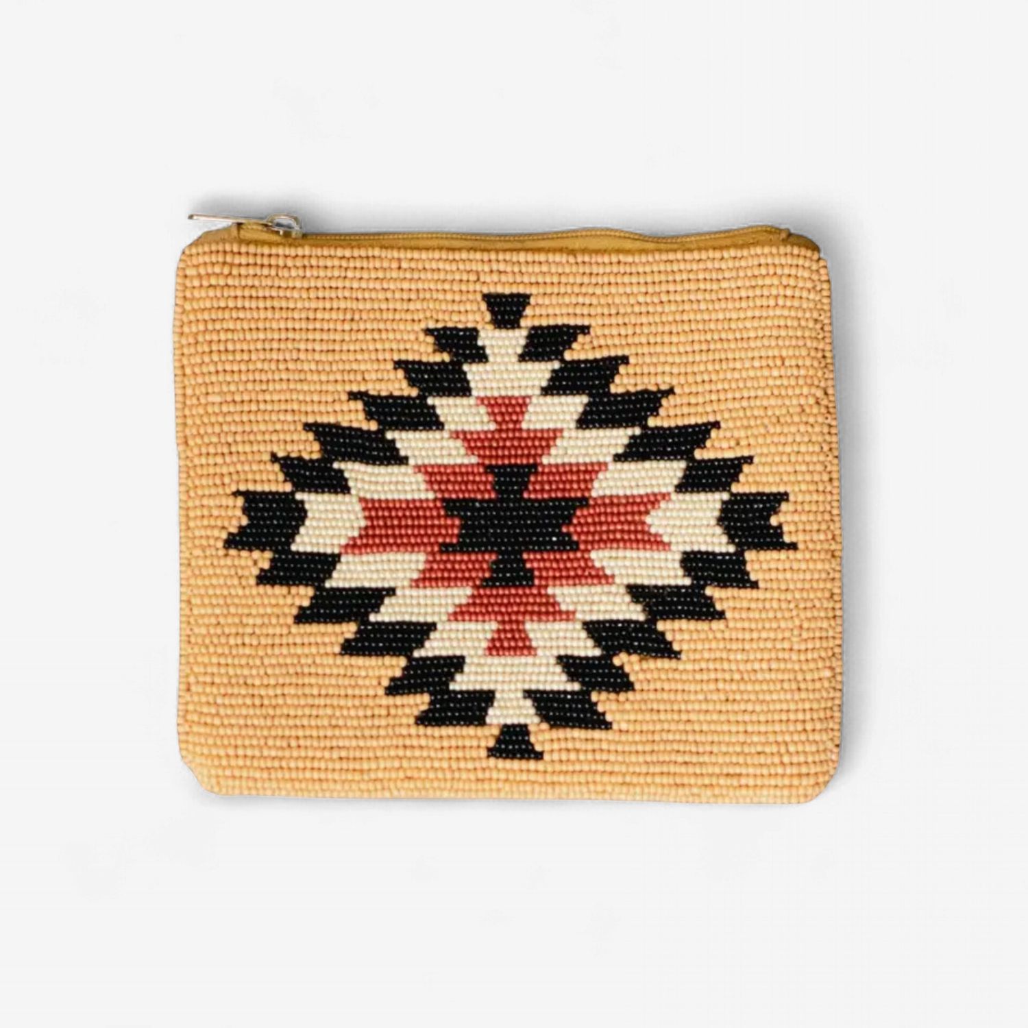 Tan, Black &amp; Rust Beaded Aztec Coin Purse