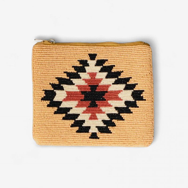 Tan, Black &amp; Rust Beaded Aztec Coin Purse