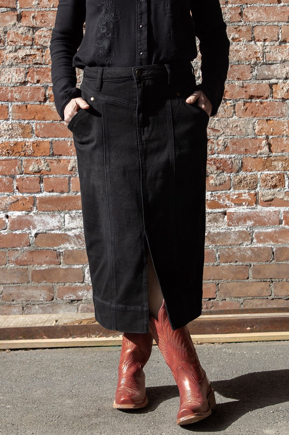 Black Stretch Denim Maxi Skirt - Women's - Stetson Black Stretch Denim Maxi Skirt - Women's - Stetson