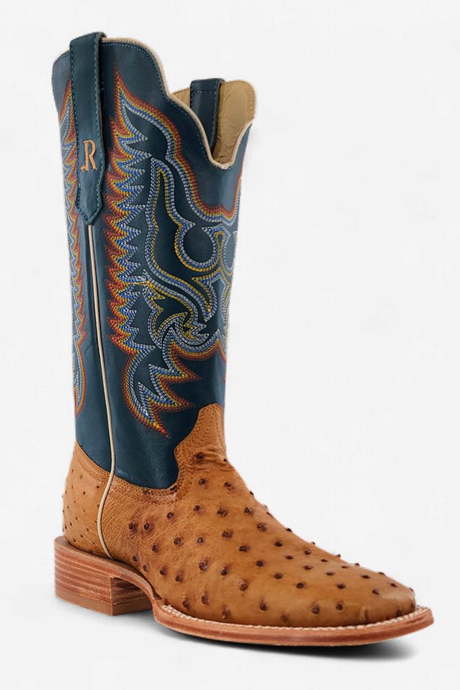 Men's Antique Saddle Full Quill Ostrich and Royal Blue Goat Boot