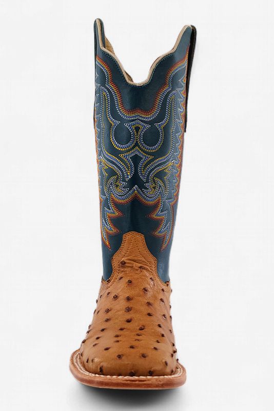 Men's Antique Saddle Full Quill Ostrich and Royal Blue Goat Boot