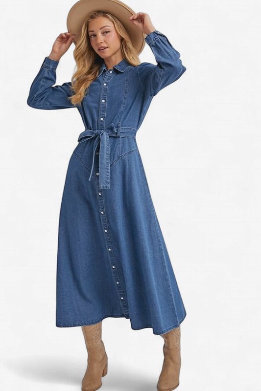 Denim Button Down Belted Shirt A-Line Maxi Dress