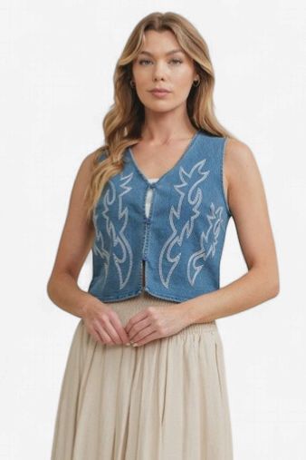 Denim Boot Stitch Crop Vest - Women's - Cloud Ten