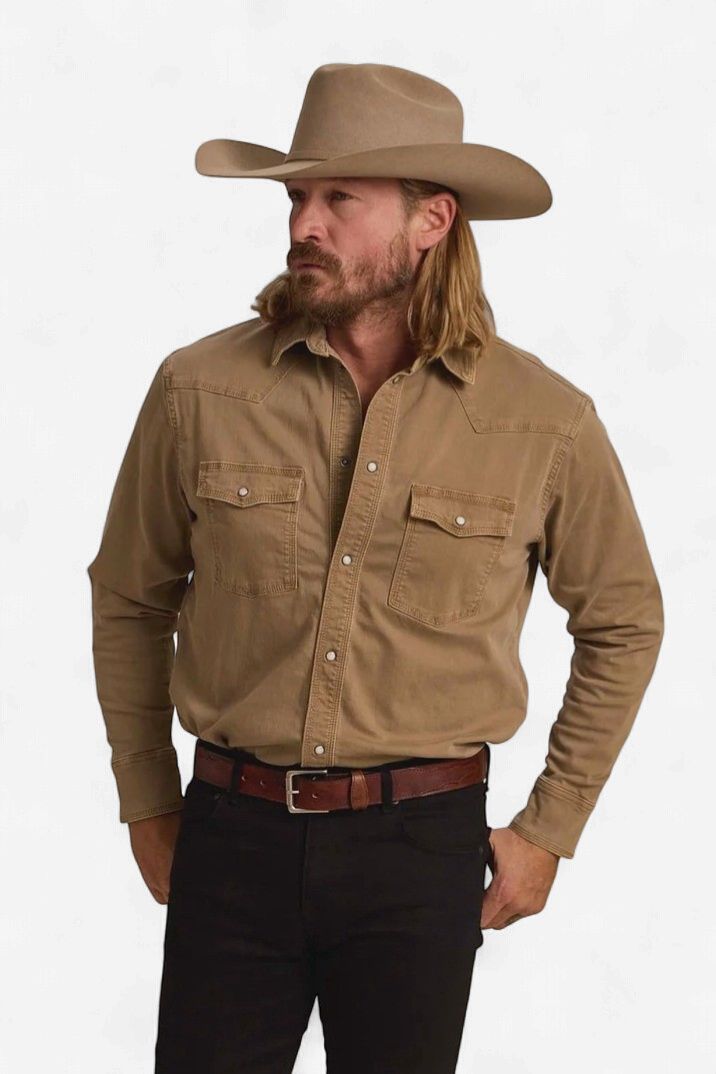 Schaefer Outfitter Men's Western Denim Snap Shirt - Khaki
