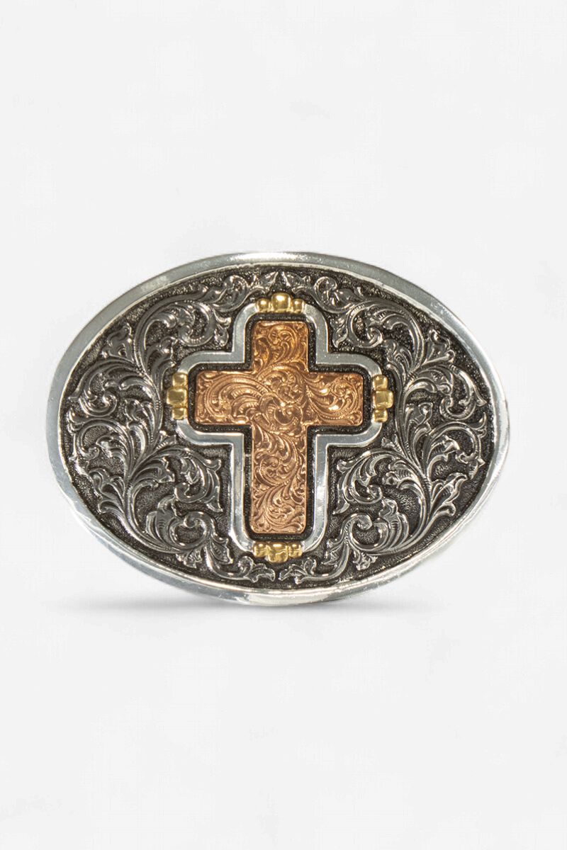 Floral Engraved Cross Oval Belt Buckle