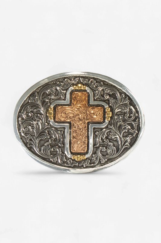 Floral Engraved Cross Oval Belt Buckle