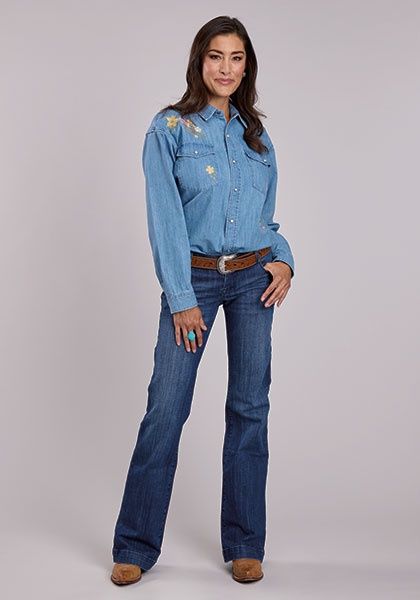 Floral Horseshoe Embroidered Denim Snap Shirt - Stetson