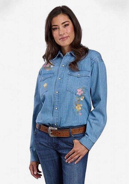 Floral Horseshoe Embroidered Denim Snap Shirt - Stetson