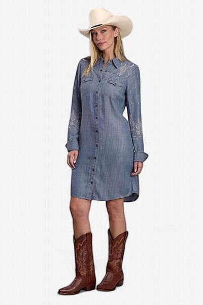 Snap Front Denim Shirt Dress Embroiderd - Women's