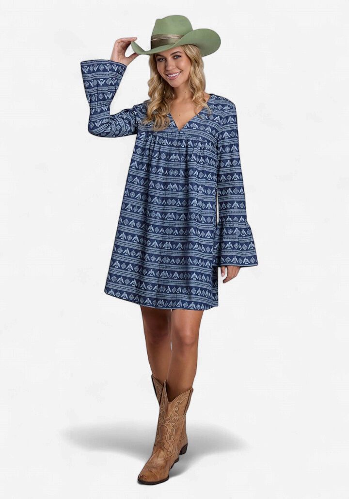 V Neck Blue Thunderbird Denim Dress