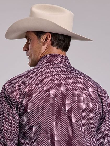 Wine Diamond Print Long sleeve Pearl Snap shirt