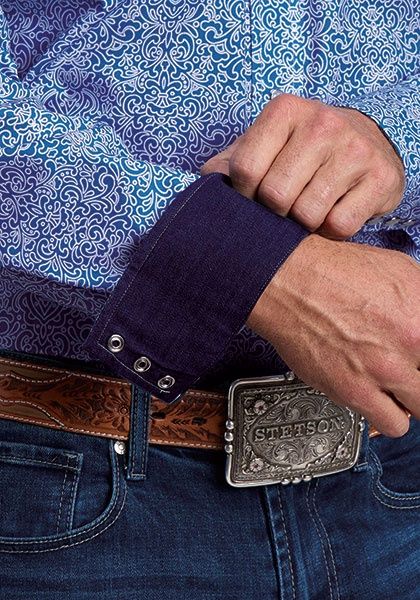 Blue Scroll Print Pearl Snap Shirt