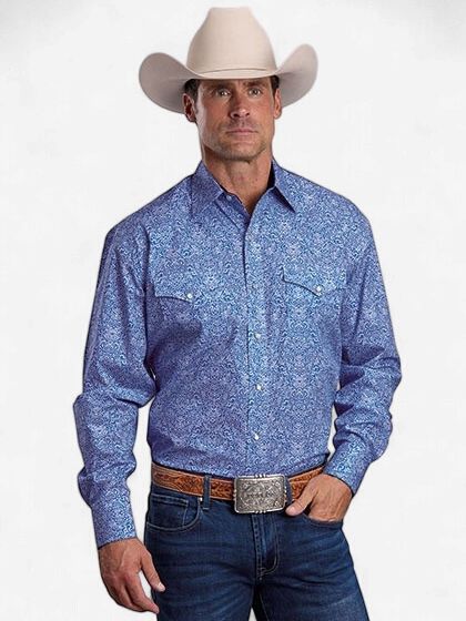 Blue Scroll Print Pearl Snap Shirt