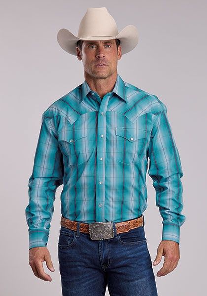 Men's Teal Ombre Plaid Pearl Snap Shirt - Stetson
