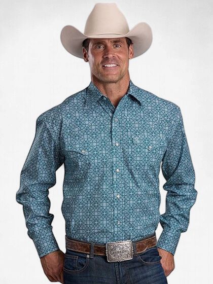 Men's Teal Filigree Print/L/S Shirt