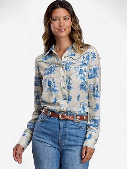 Indigo Trail Print Snap Shirt - Womens