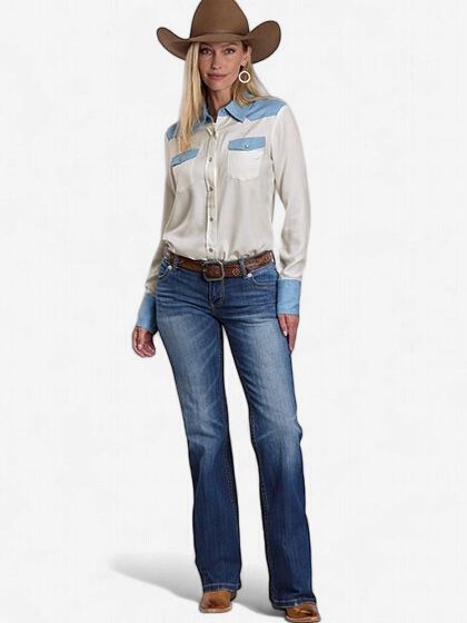 Denim Yoke &amp; White Pearl Snap Shirt